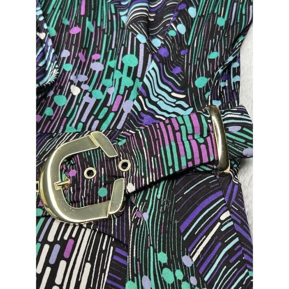 Cache Wrap Dress Medium Gold Buckle Black Geometric Print Stretch Classic Curvy - Picture 7 of 13